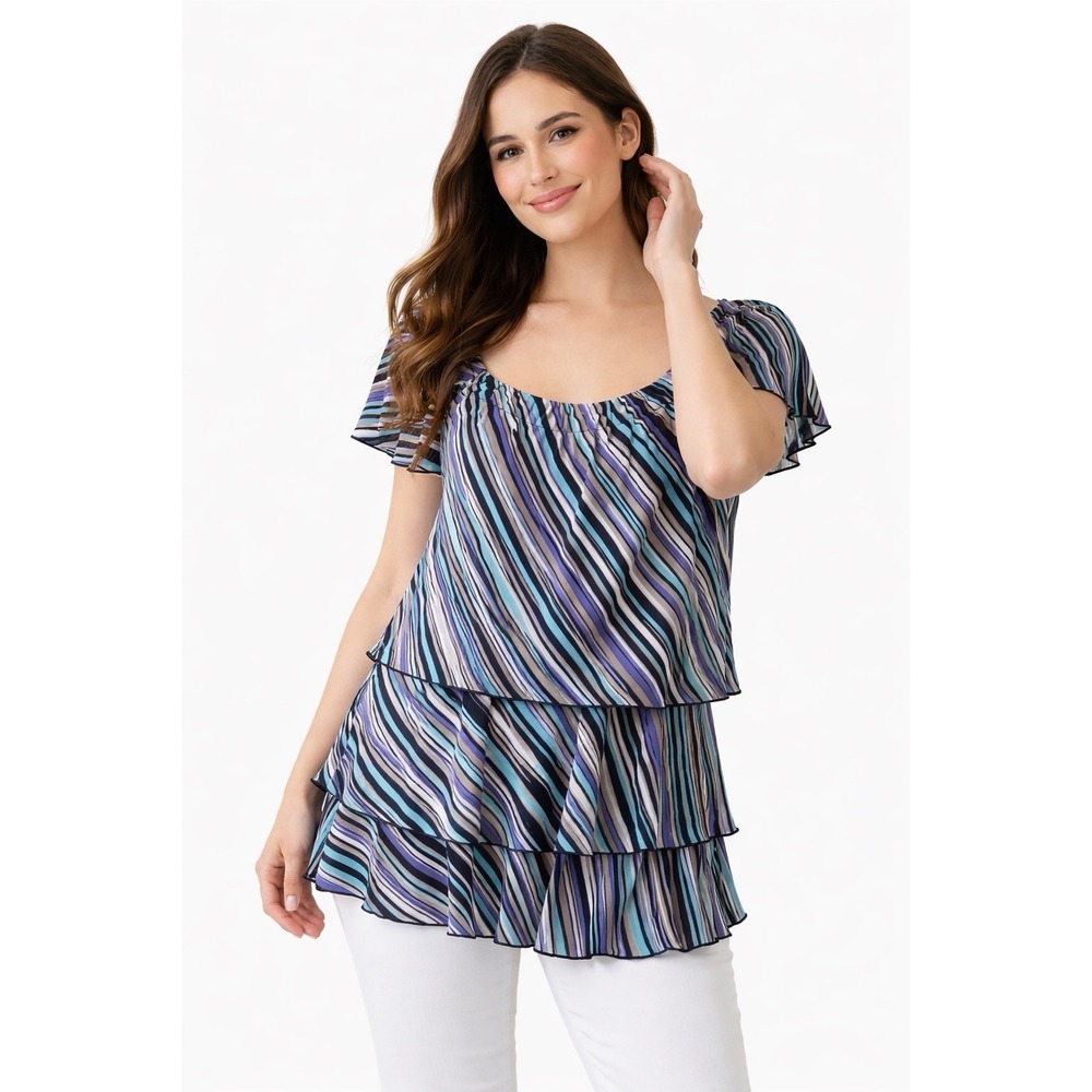 Style & Co Petite Tiered Ruffle Blouse Striped‎ Short Sleeve Top Size PP